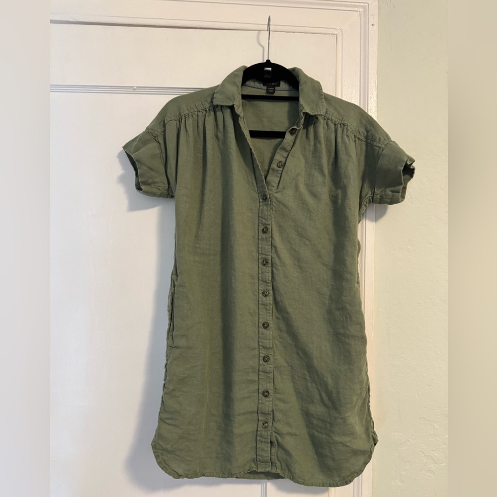 J Crew Green Linen Short Sleeve Shirt Dress XXSP